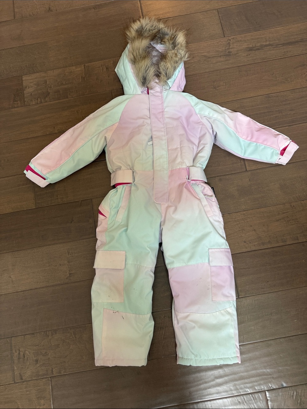 Kids Pink and Mint Ombre Snowsuit with Faux Fur Hood